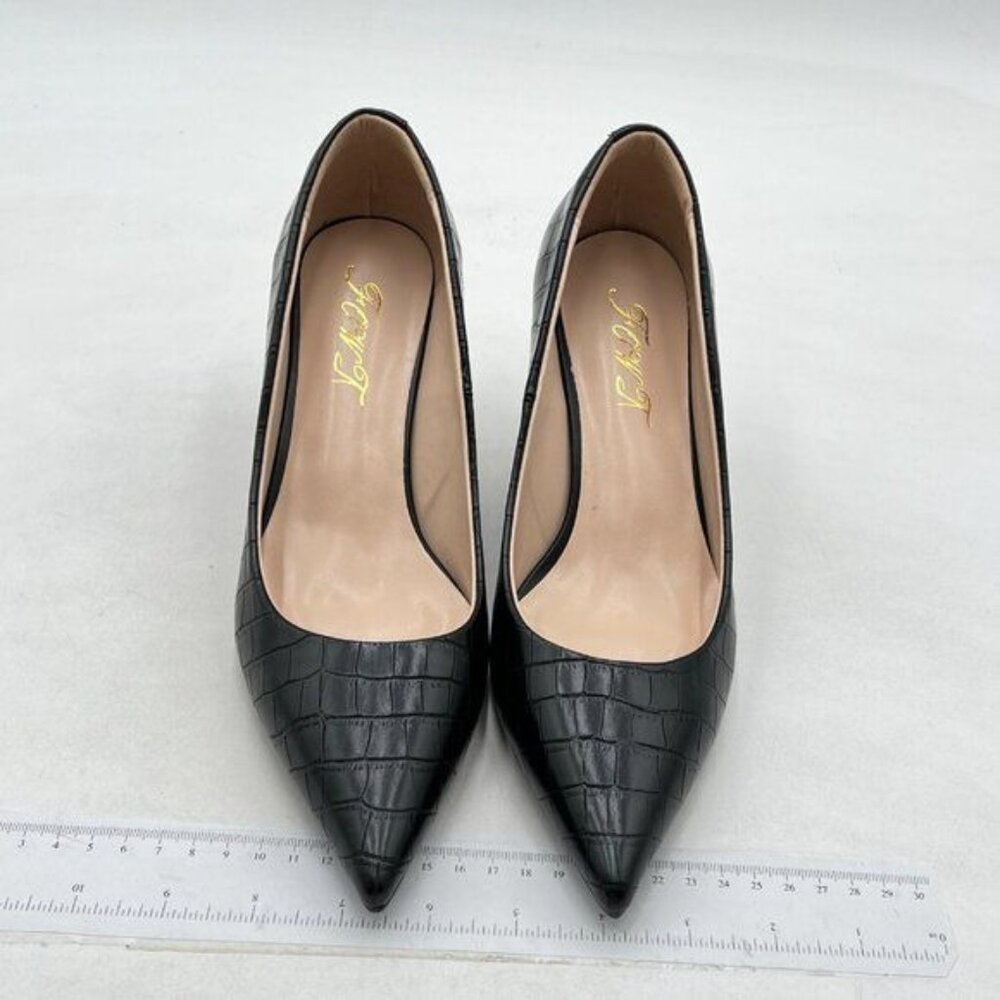 Fowt Simple Solid Croc-Embossed Pointed Toe Black… - image 3